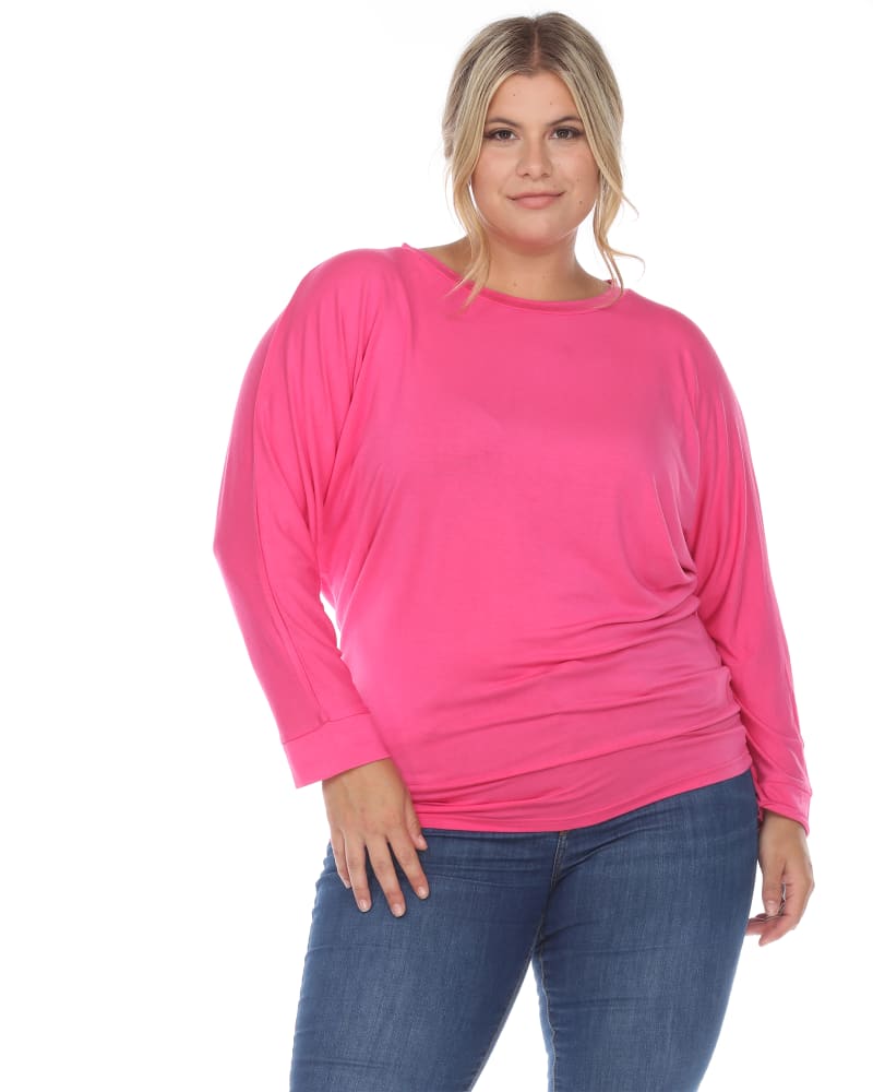 Front of a model wearing a size 2X Dolman Sleeve Top in Fuchsia by White Mark. | dia_product_style_image_id:257325